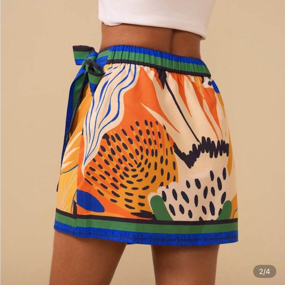Colorful Wrap Tie Skirt with Blue Trim - Picture 2 of 6
